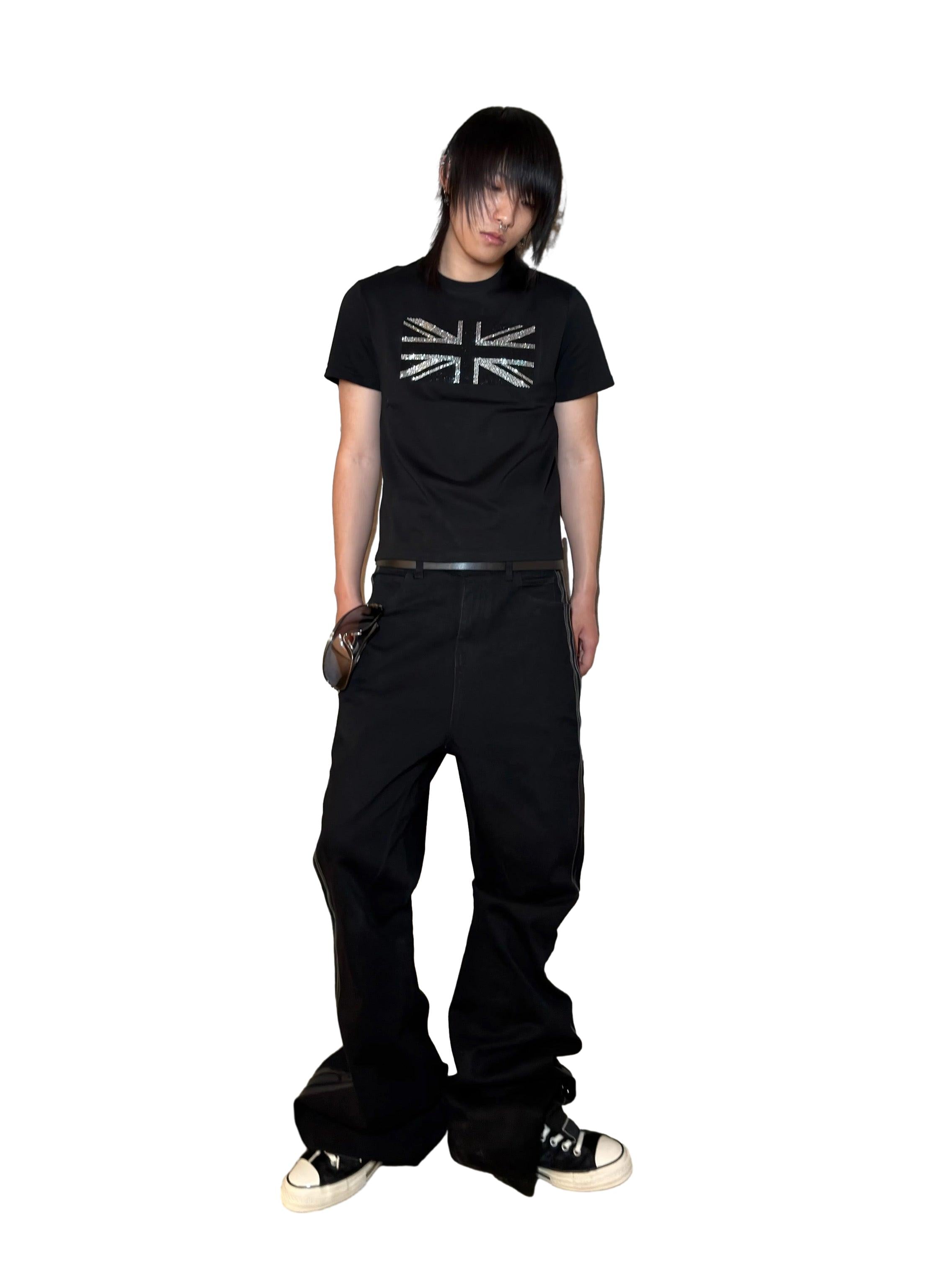 *RYE CHASIN “UK FLAG” BLACK & SILVER RHINESTONE EMBELLISHED