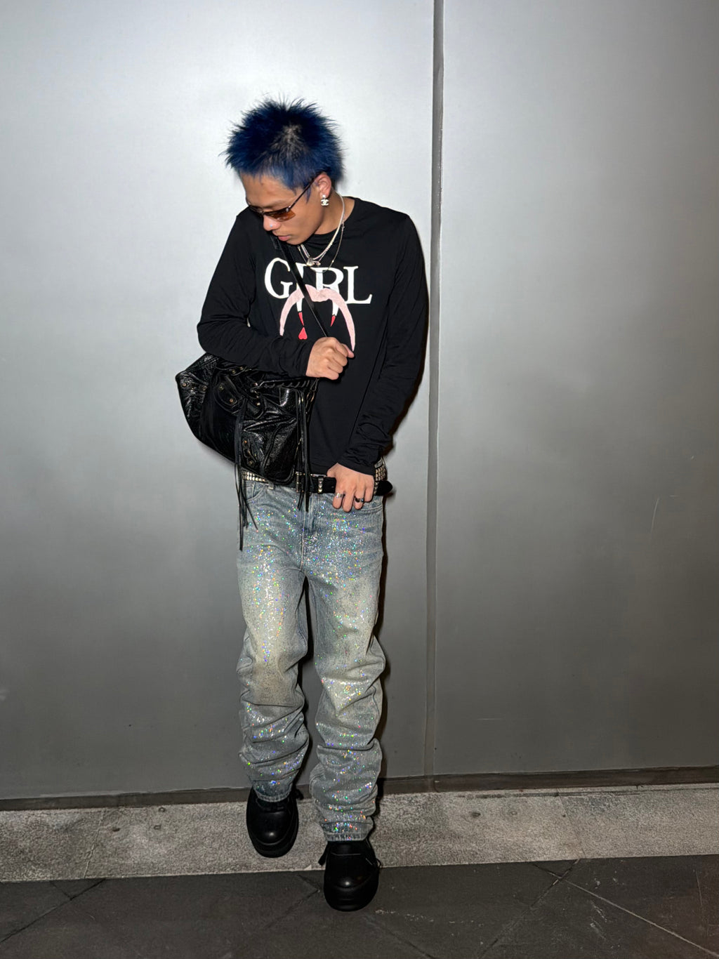 *RYE CHASIN GLITTER VINTAGE WASHED BLUE SLIM STRAIGHT JEANS