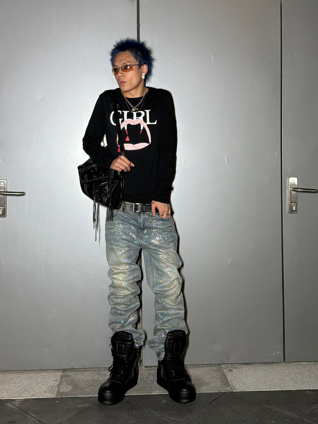 *RYE CHASIN GLITTER VINTAGE WASHED BLUE SLIM STRAIGHT JEANS