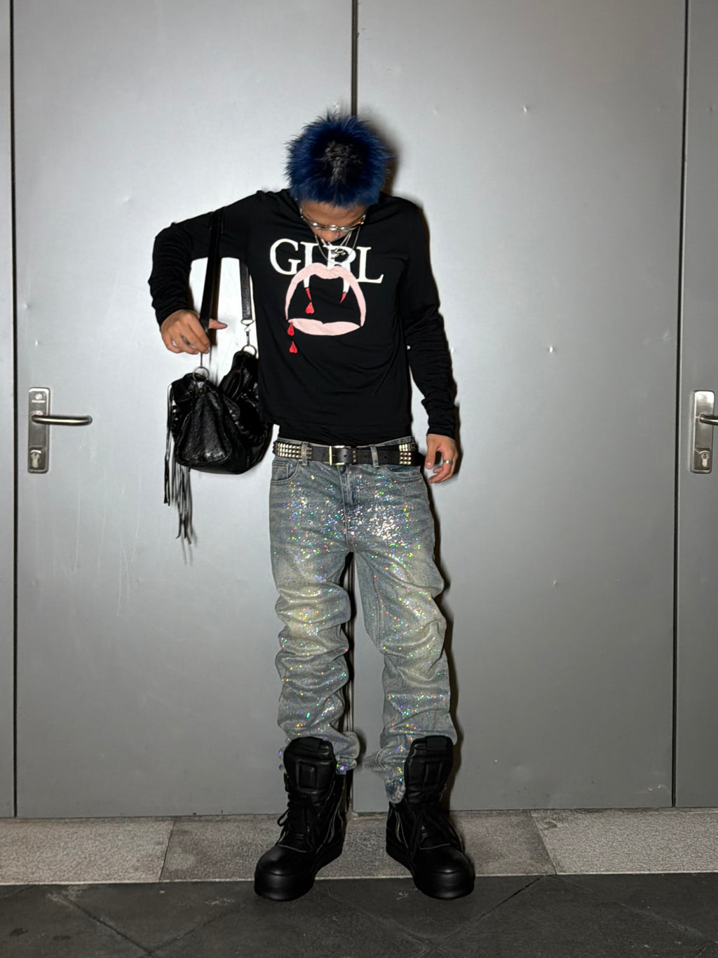 *RYE CHASIN GLITTER VINTAGE WASHED BLUE SLIM STRAIGHT JEANS