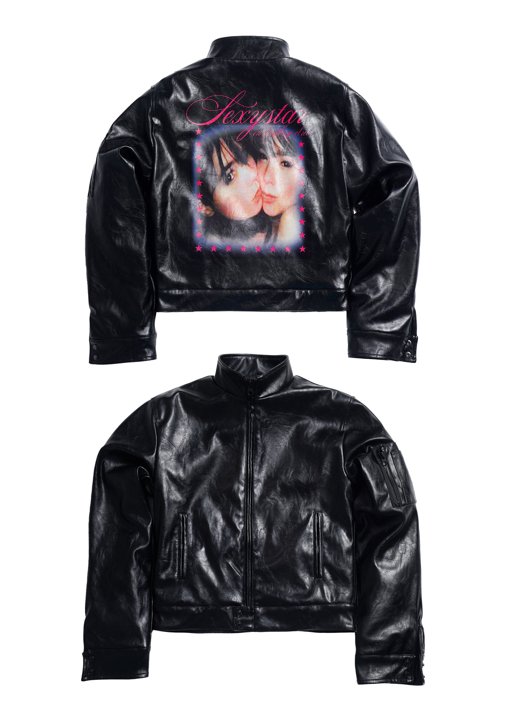 *RYE CHASIN “SEXY STARS” PRINTED LEATHER PADDED CROPPED BOMBER
