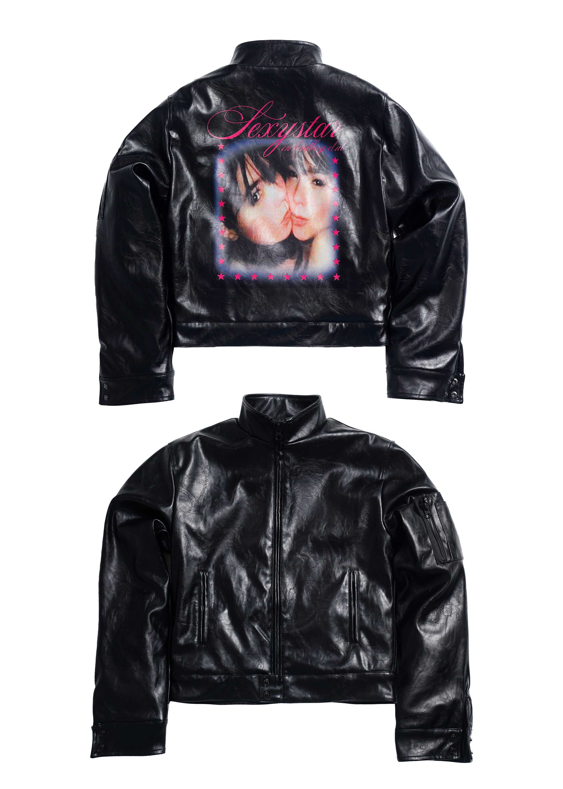 *RYE CHASIN “SEXY STARS” PRINTED LEATHER PADDED CROPPED BOMBER