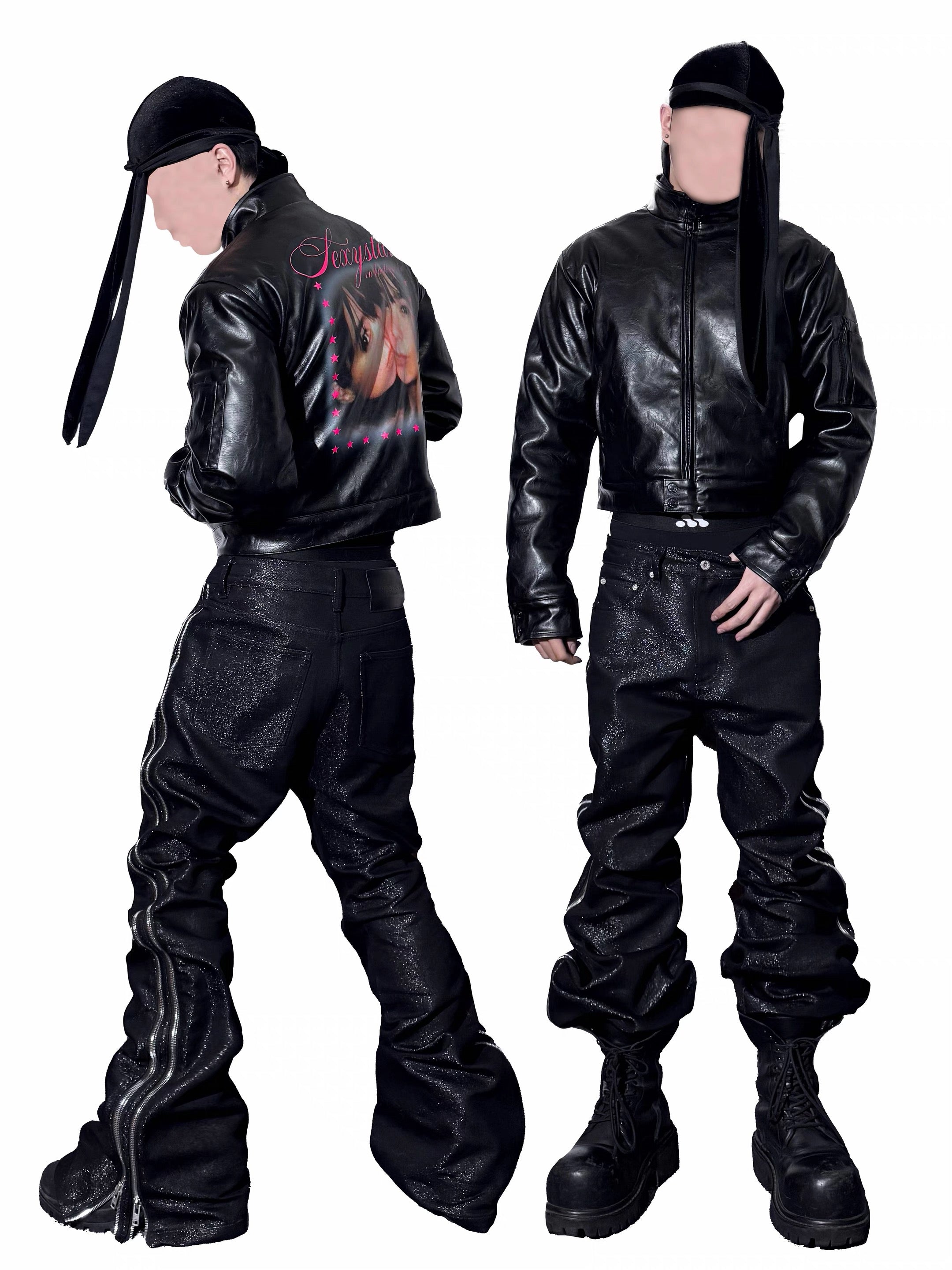 *RYE CHASIN “SEXY STARS” PRINTED LEATHER PADDED CROPPED BOMBER