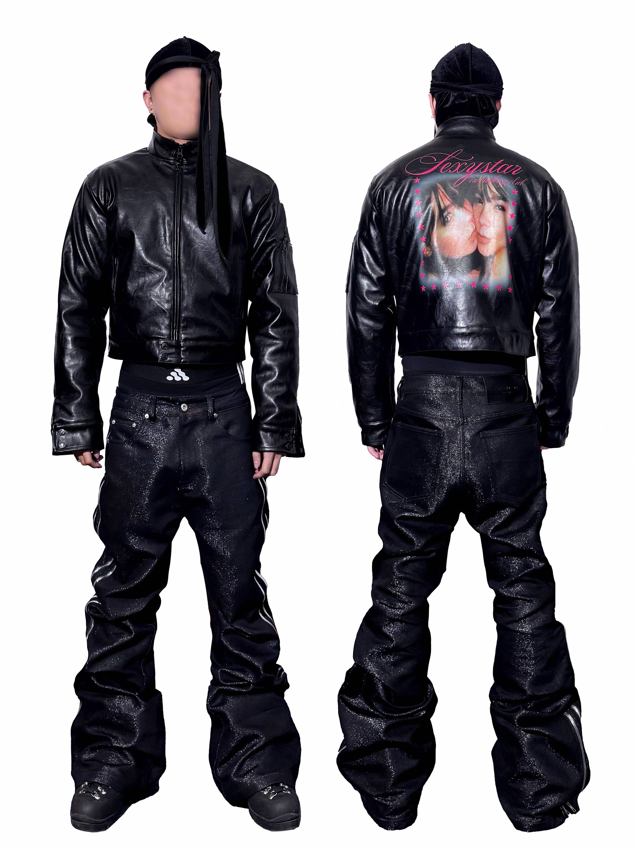 *RYE CHASIN “SEXY STARS” PRINTED LEATHER PADDED CROPPED BOMBER