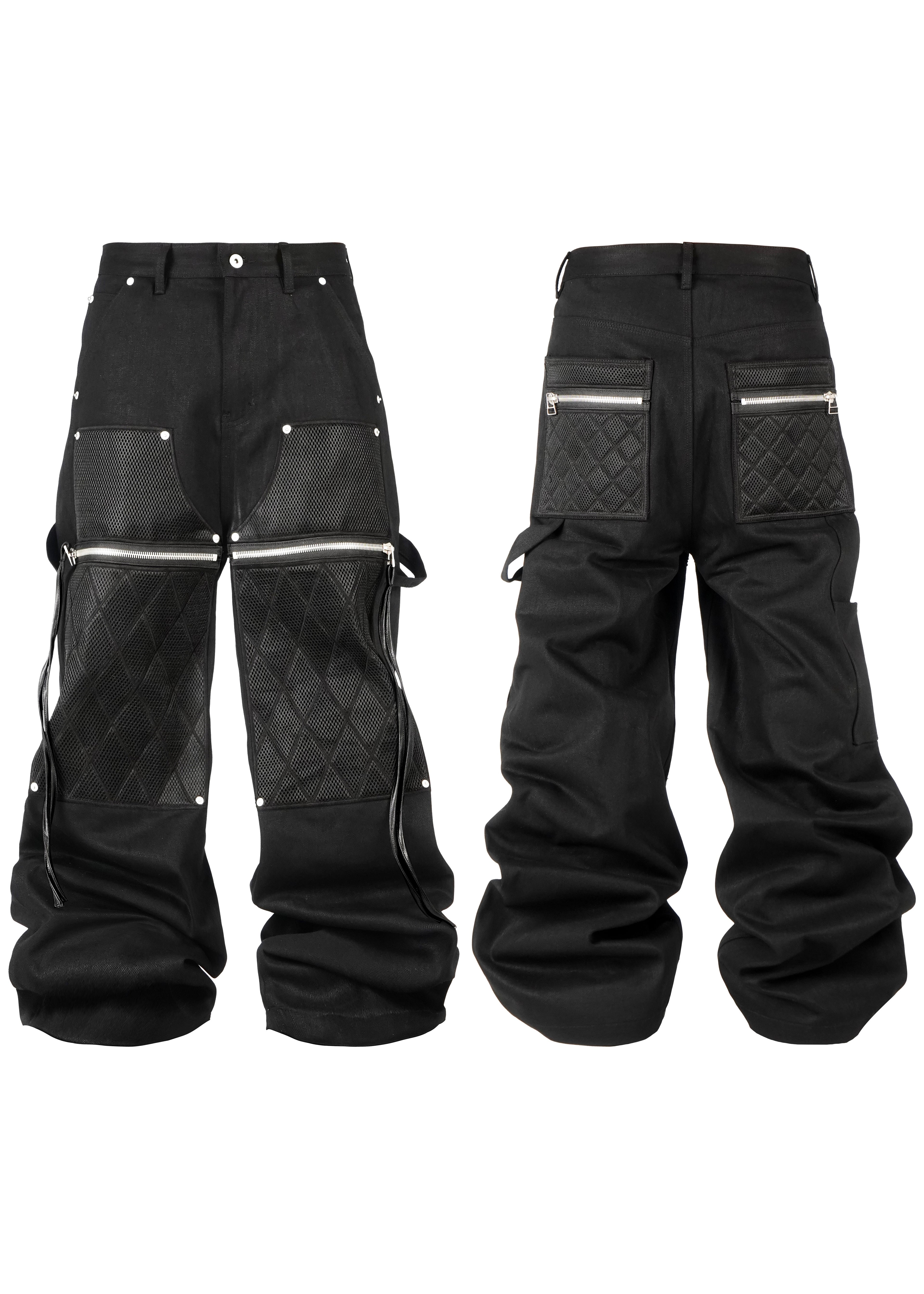 *RYE CHASIN MESH PANEL / LEATHER KNEE STRAIGHT WAXED DENIM