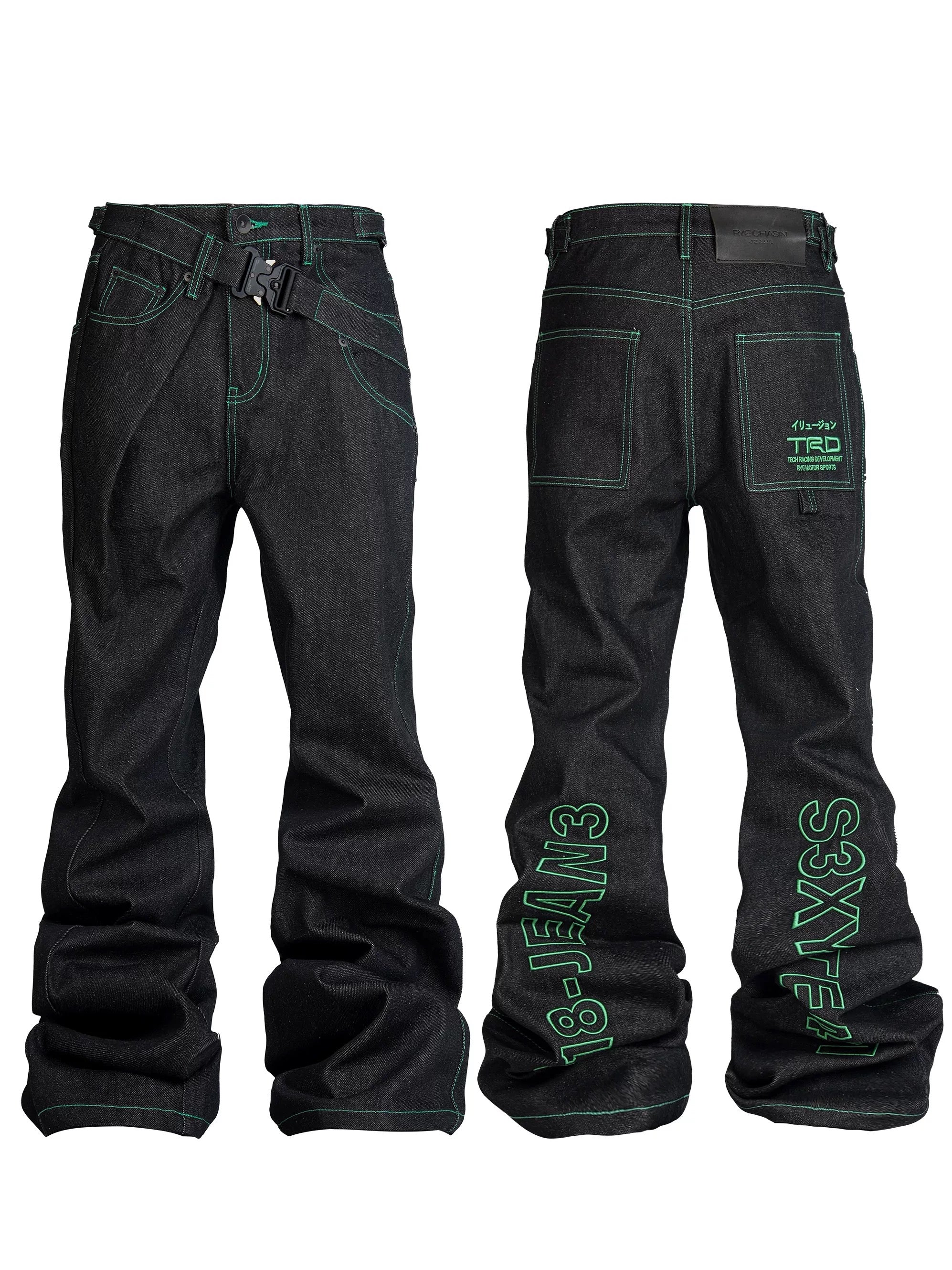 *RYECHASIN EMBROIDERED UNSLICKED RAW COLOR RAW DENIM TROUSERS