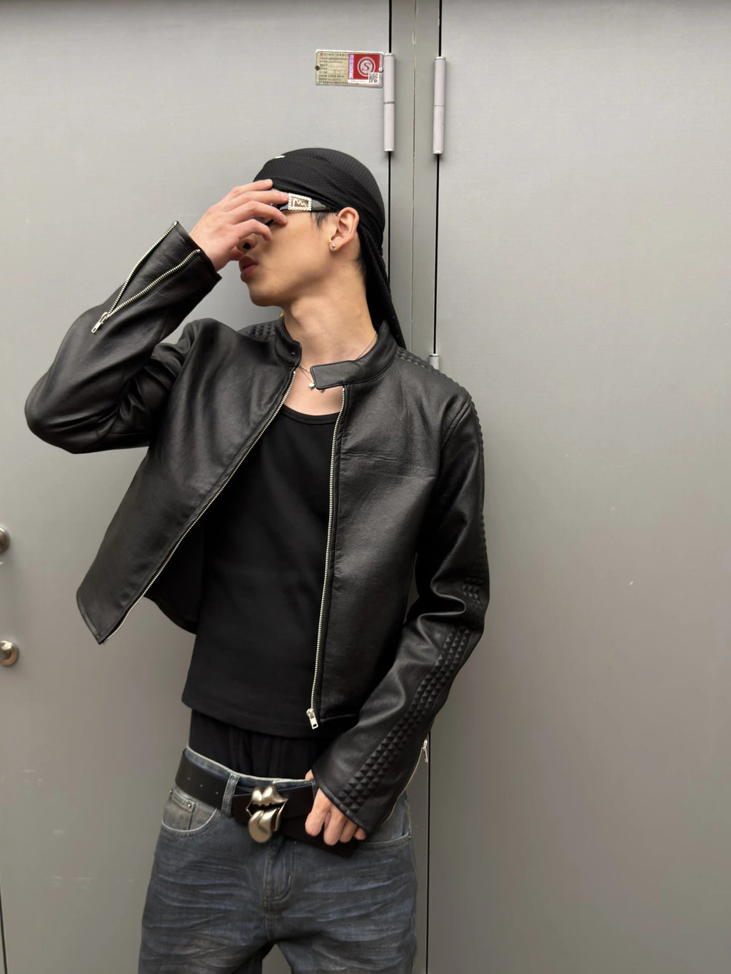 *RYE CHASIN NYFW RUNWAY COLLECTION 3D ROCK STUDDED SLIM-FIT CROPPED LEATHER JACKET