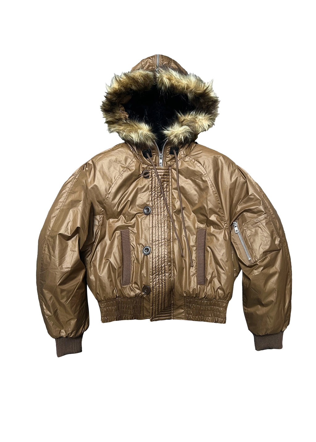 *RYE CHASIN NYFW RUNWAY COLLECTION CLASSIC N2B BROWN FUR-COLLAR PADDED BOMBER JACKET
