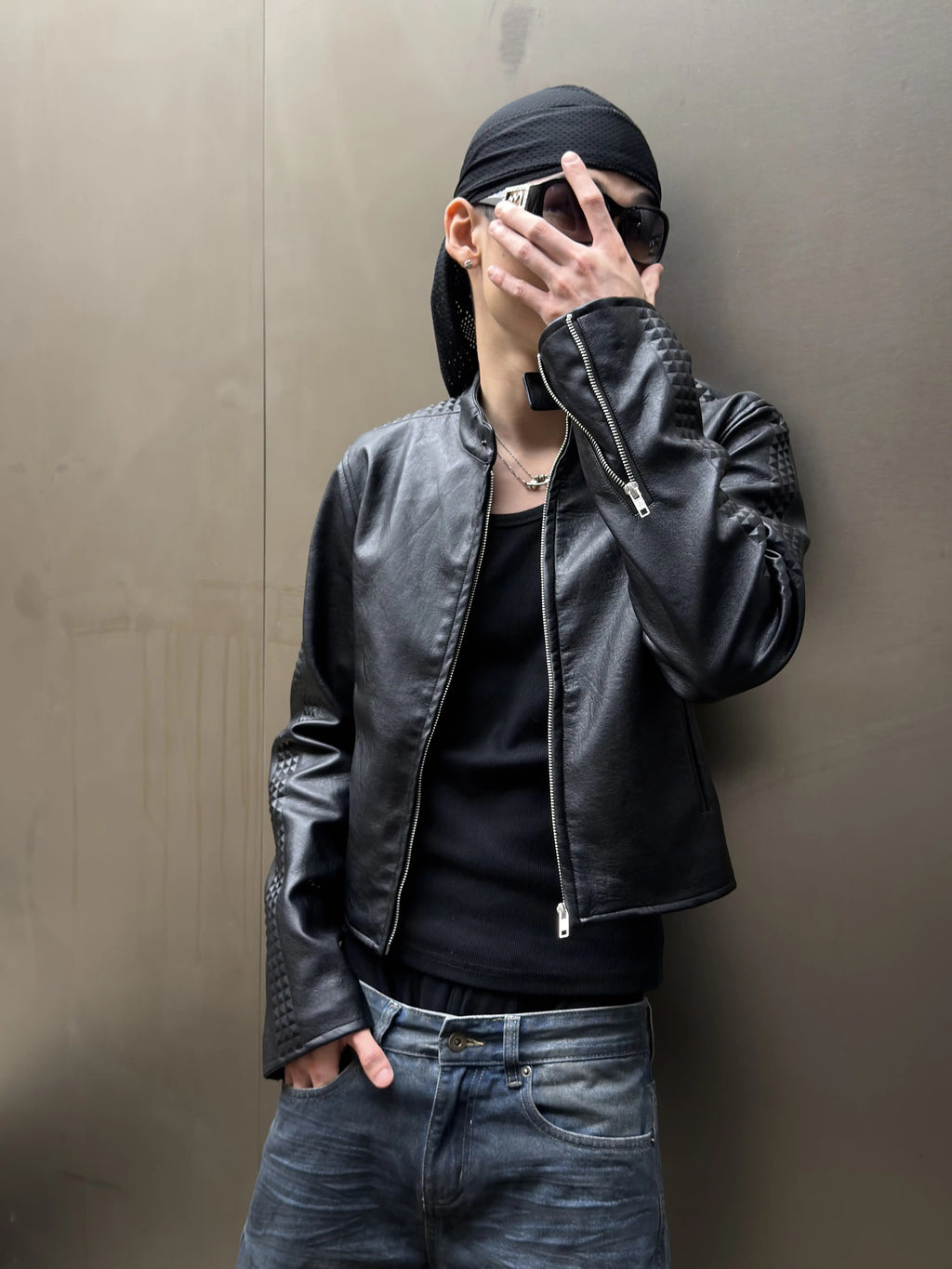 *RYE CHASIN NYFW RUNWAY COLLECTION 3D ROCK STUDDED SLIM-FIT CROPPED LEATHER JACKET