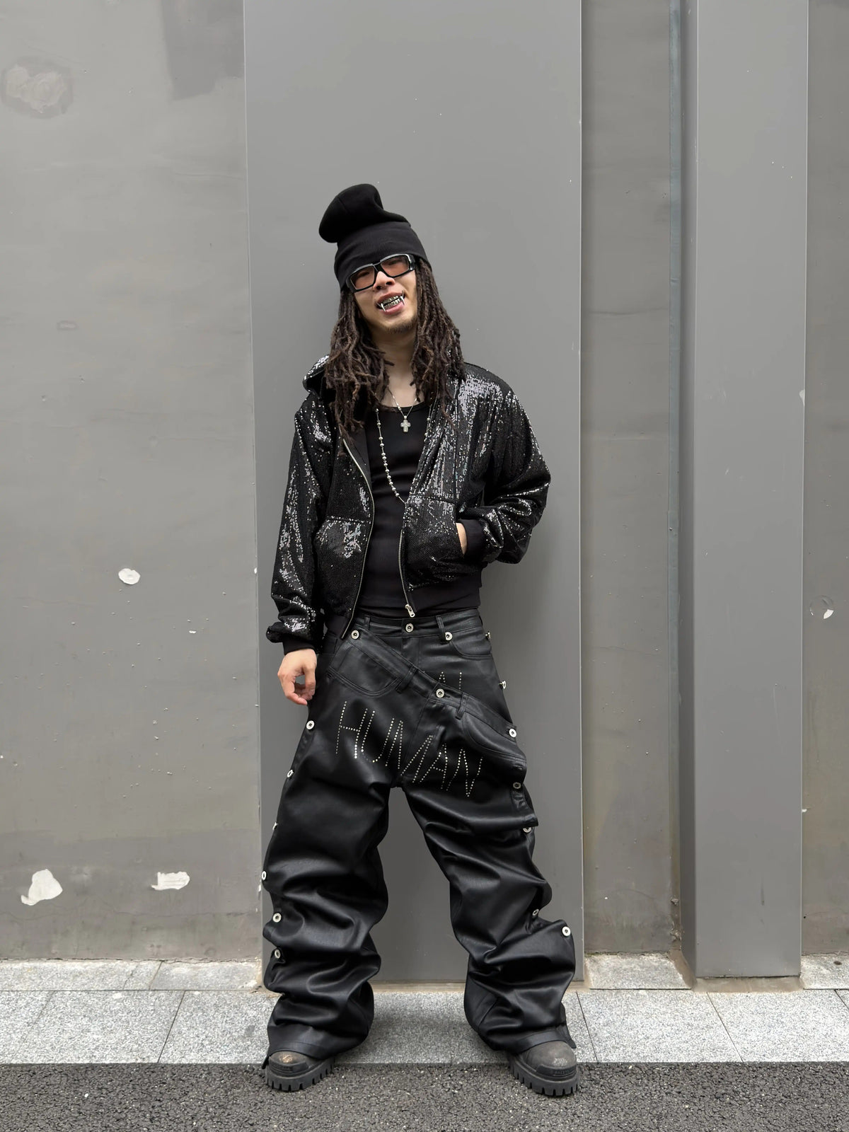 *RYE CHASIN ANIMAL/HUMAN BLACK VINYL DENIM JEANS
