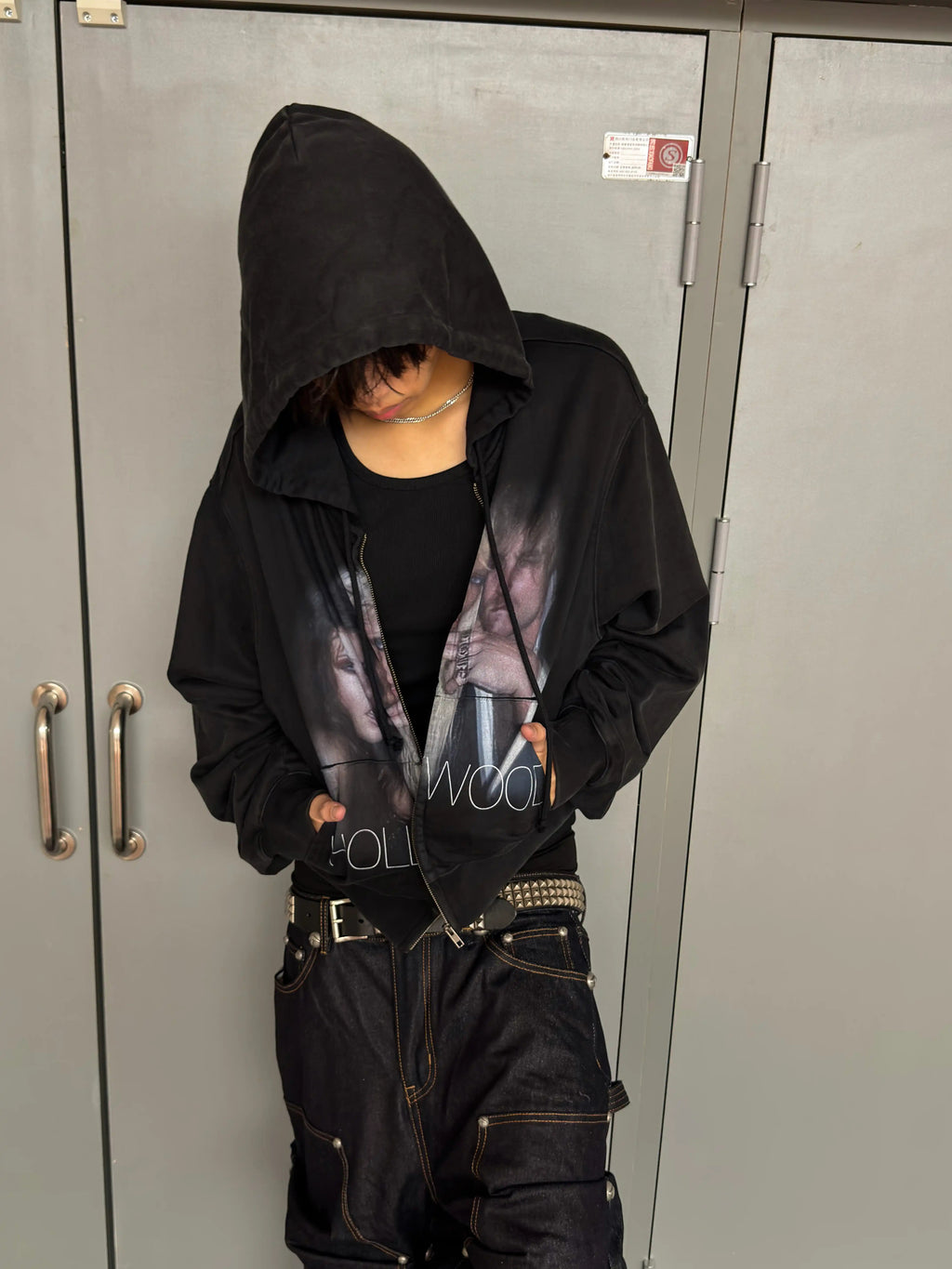 *RYE CHASIN HOLLYWOOD GLAMOUR DISTRESSED WASH OVERSIZED ZIP-UP HOODIE