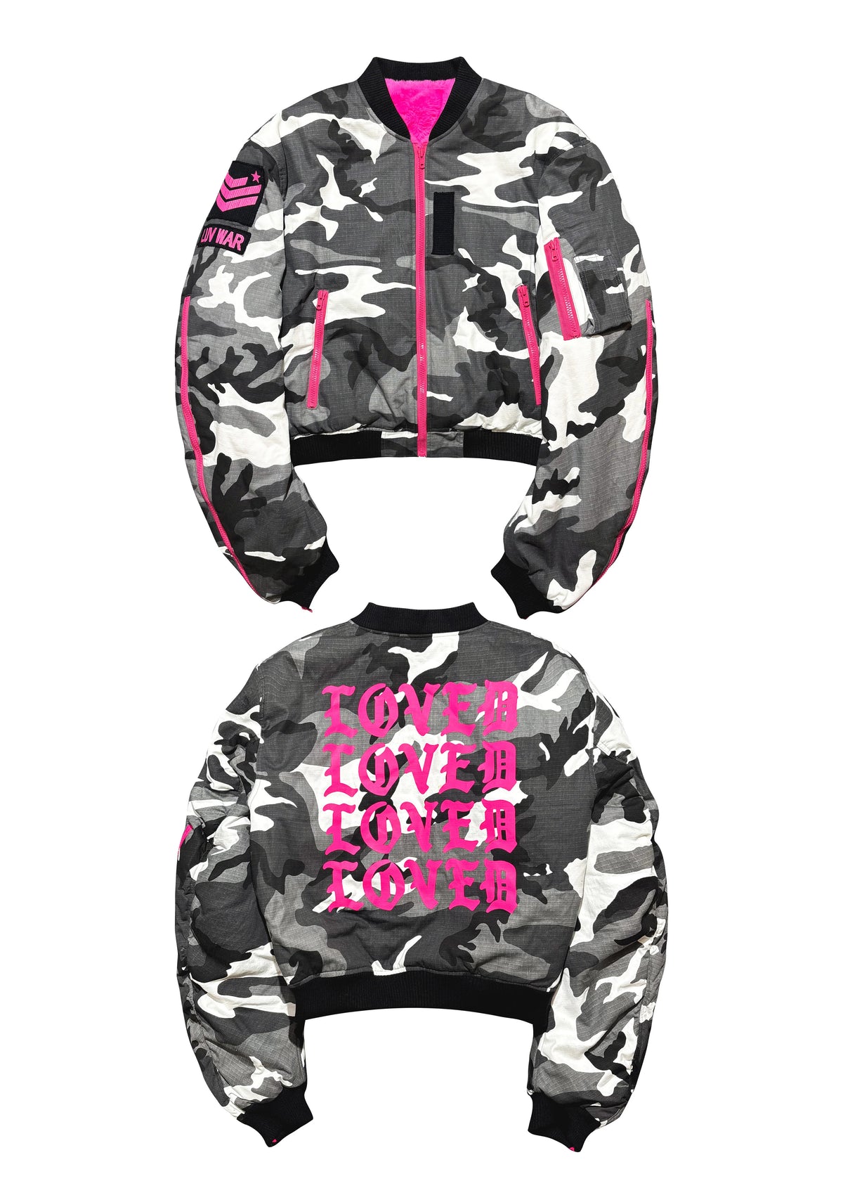 *RYE CHASIN NYFW “LOVED” PINK FUR CAMO BOMBER