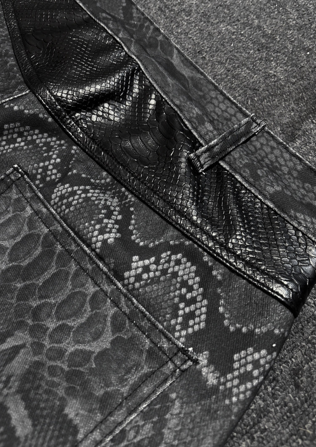 *RYE CHASIN NYFW DECONSTRUCTED SNAKESKIN DENIM JEANS