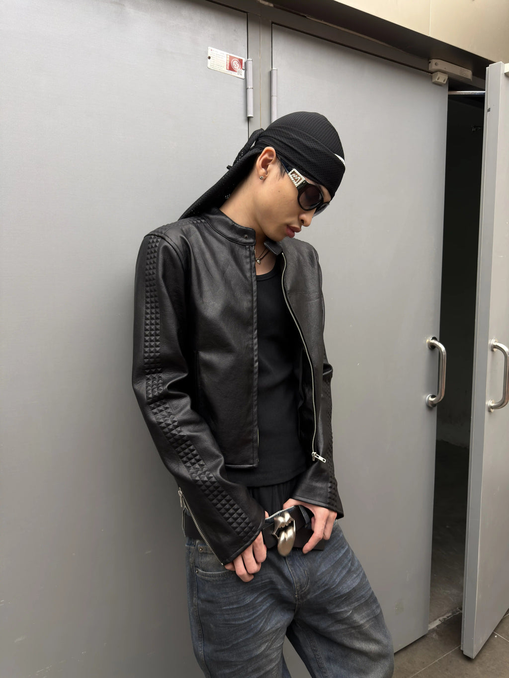 *RYE CHASIN NYFW RUNWAY COLLECTION 3D ROCK STUDDED SLIM-FIT CROPPED LEATHER JACKET