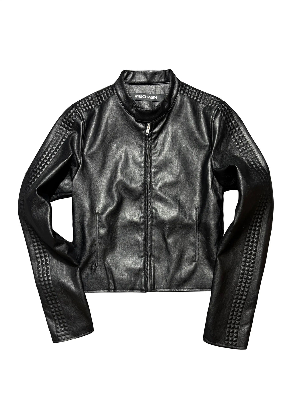 *RYE CHASIN NYFW RUNWAY COLLECTION 3D ROCK STUDDED SLIM-FIT CROPPED LEATHER JACKET