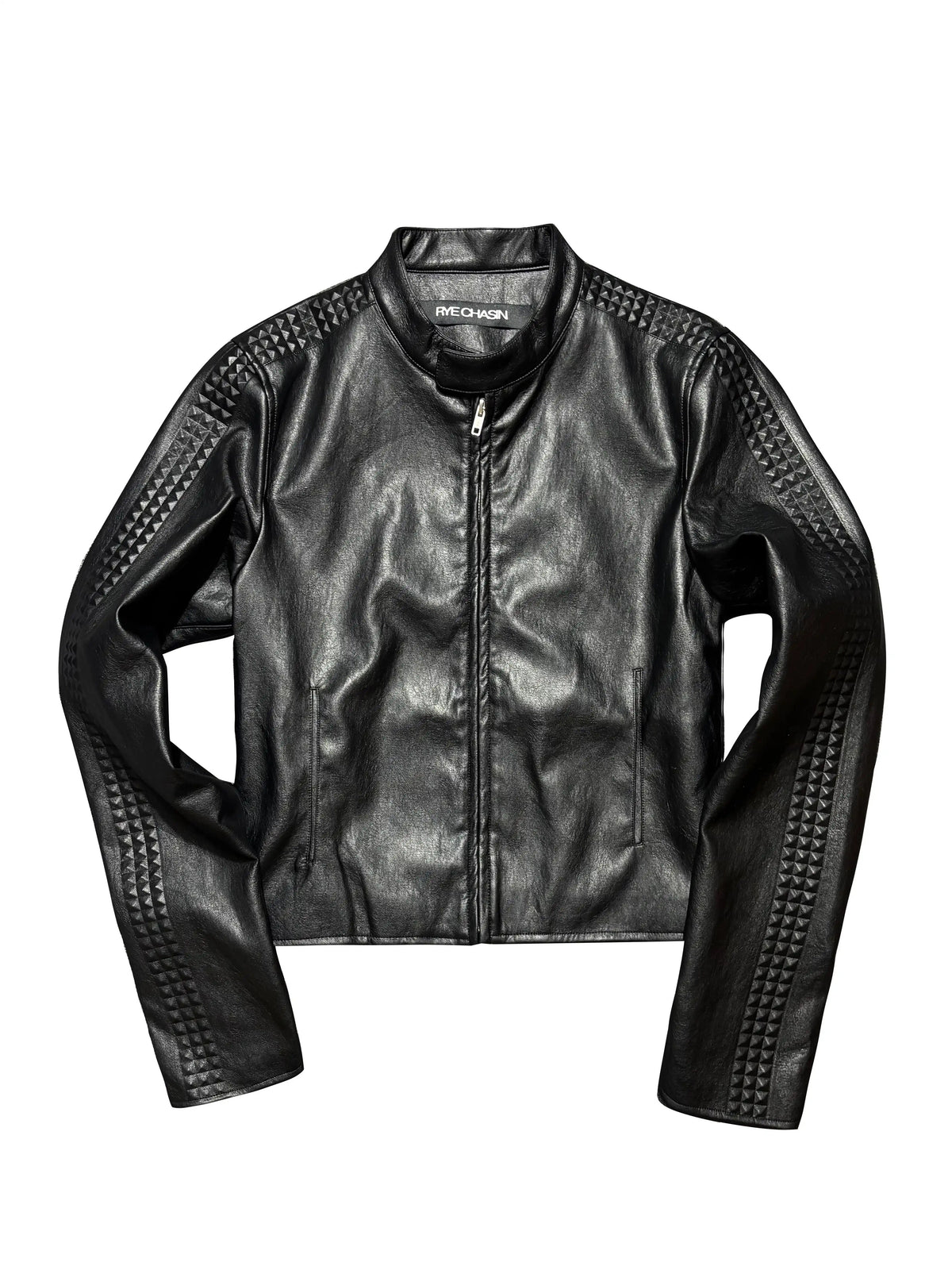 *RYE CHASIN NYFW RUNWAY COLLECTION 3D ROCK STUDDED SLIM-FIT CROPPED LEATHER JACKET