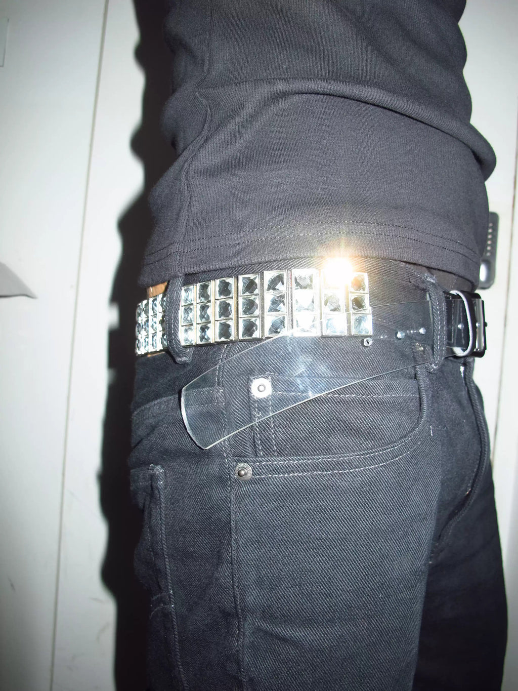 *RYE CHASIN GLAM ROCK MULTI-FACETED RHINESTONE STUDDED CLEAR PUNK BELT