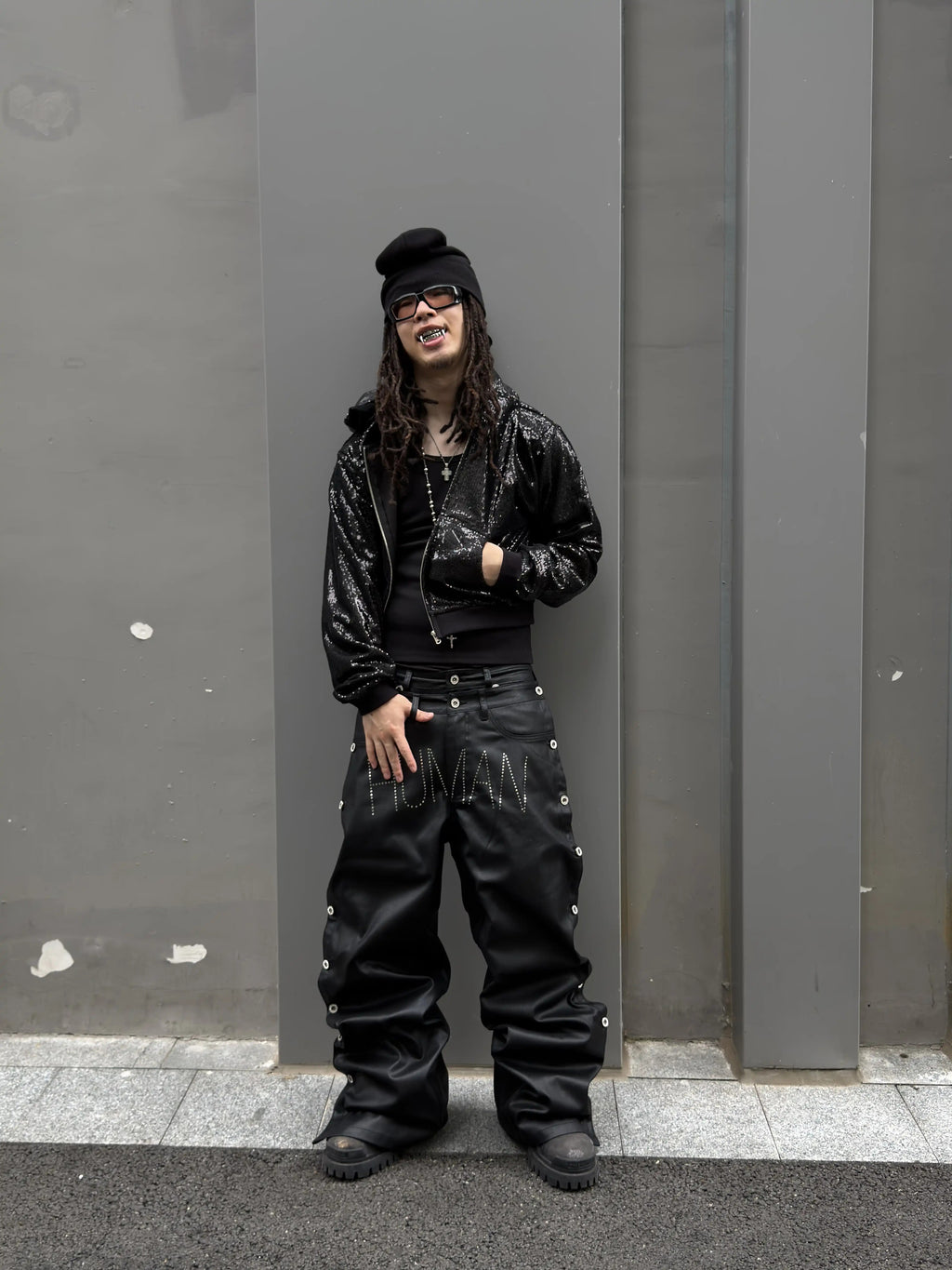 *RYE CHASIN ANIMAL/HUMAN BLACK VINYL DENIM JEANS