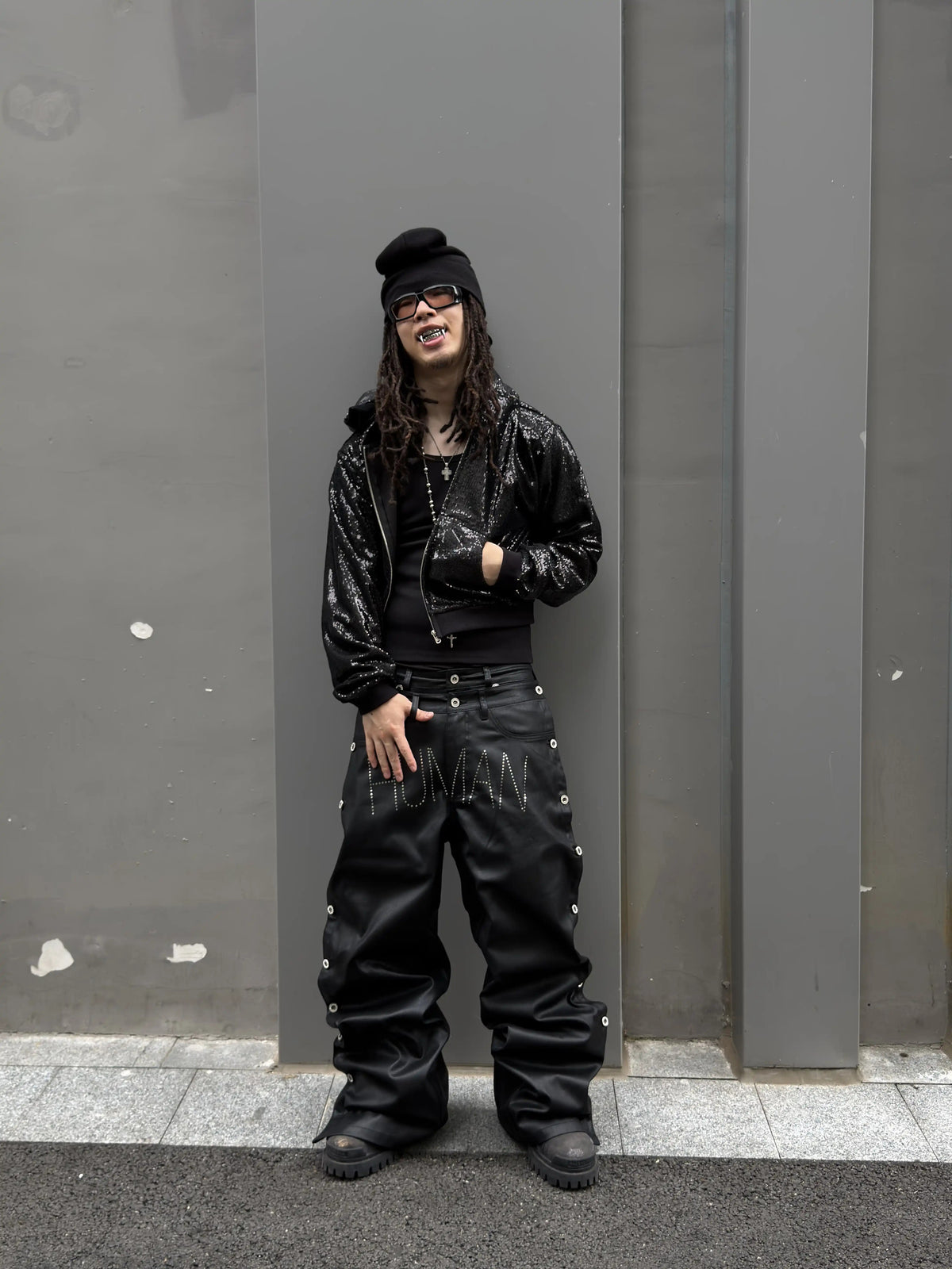 *RYE CHASIN ANIMAL/HUMAN BLACK VINYL DENIM JEANS