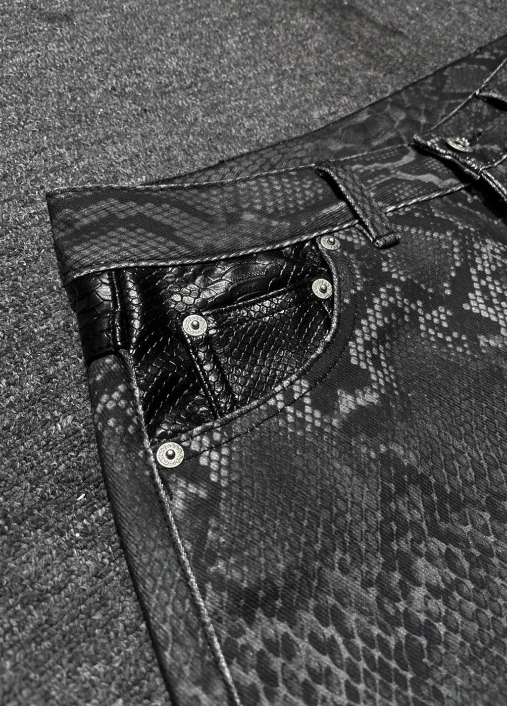 *RYE CHASIN NYFW DECONSTRUCTED SNAKESKIN DENIM JEANS