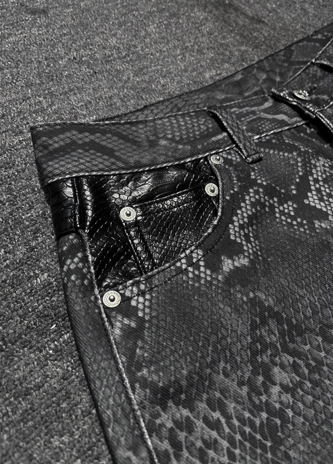 *RYE CHASIN NYFW DECONSTRUCTED SNAKESKIN DENIM JEANS