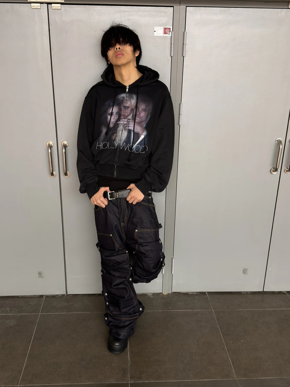 *RYE CHASIN HOLLYWOOD GLAMOUR DISTRESSED WASH OVERSIZED ZIP-UP HOODIE