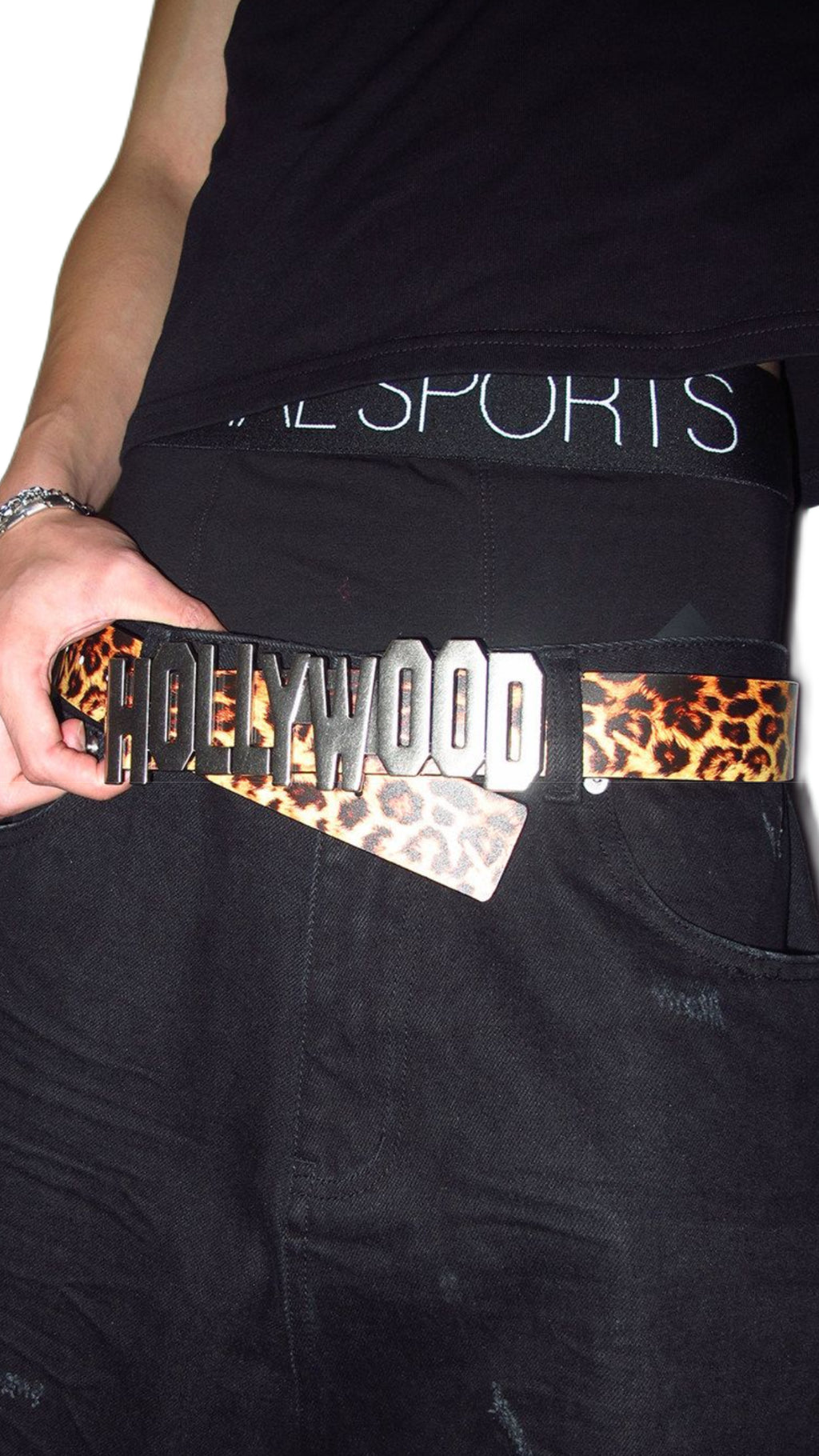 *RYE CHASIN HOLLYWOOD GLAMOUR LEOPARD PRINT BLACK REVERSIBLE GENUINE LEATHER BELT WITH OVERSIZED BUCKLE
