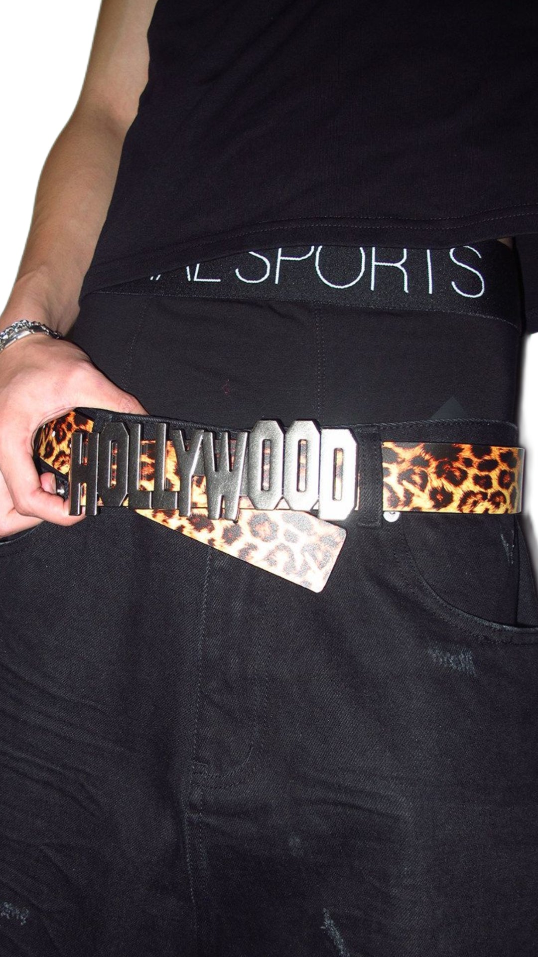 *RYE CHASIN HOLLYWOOD GLAMOUR LEOPARD PRINT BLACK REVERSIBLE GENUINE LEATHER BELT WITH OVERSIZED BUCKLE