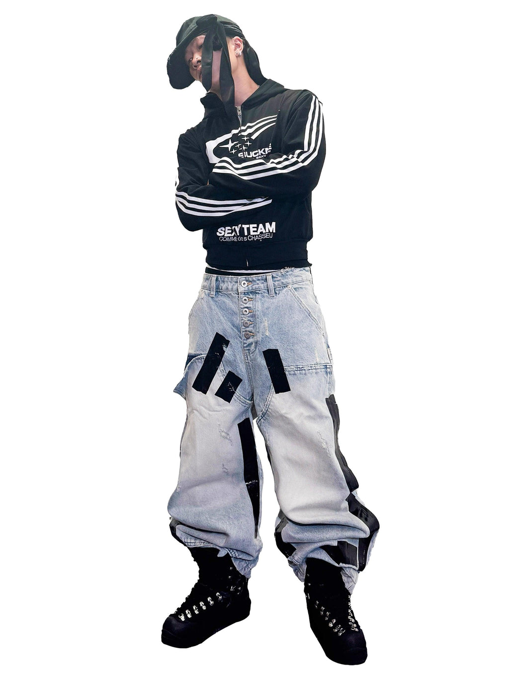 *RYE CHASIN *Duct-taped washed denim jeans