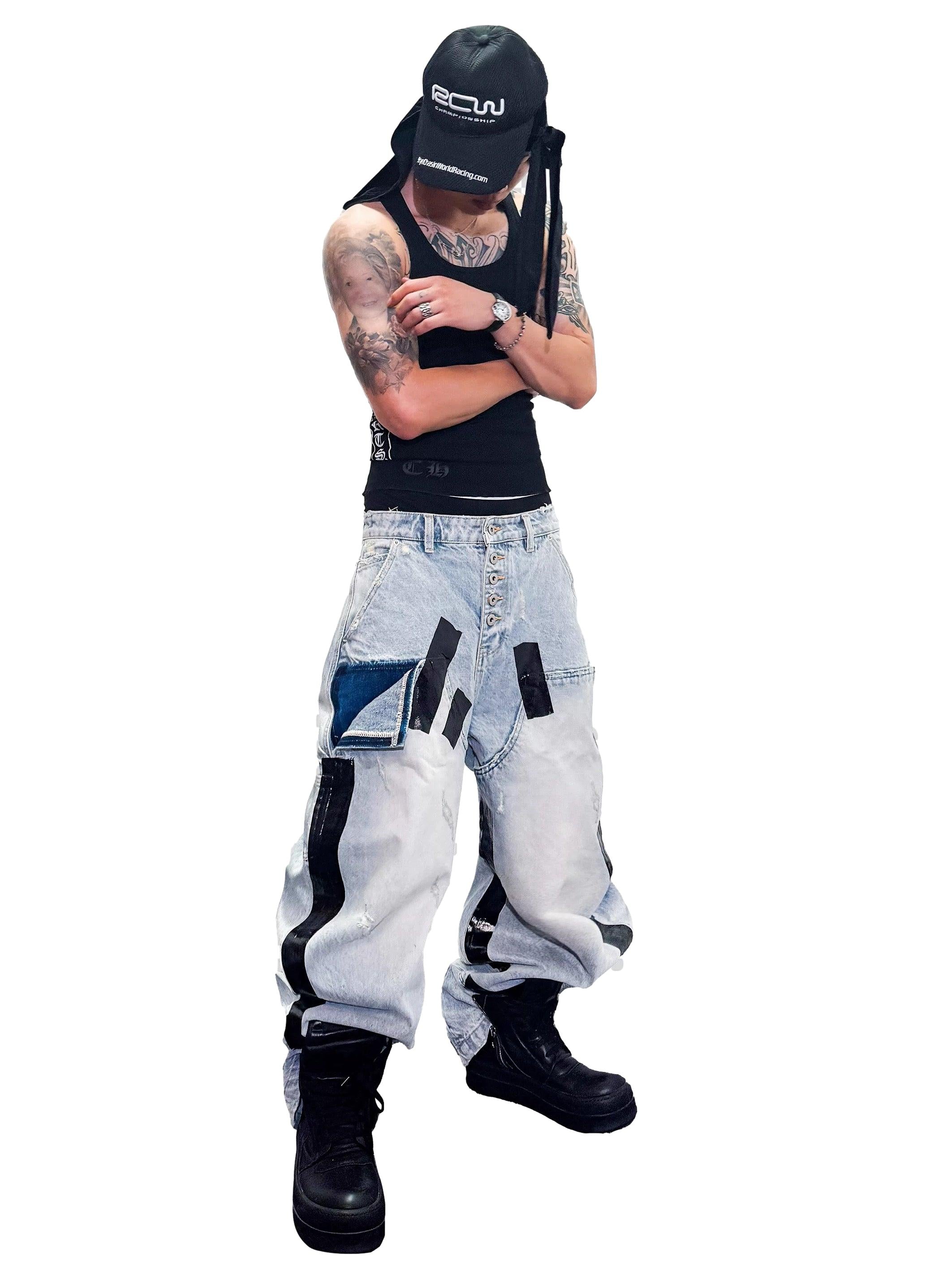 *RYE CHASIN *Duct-taped washed denim jeans