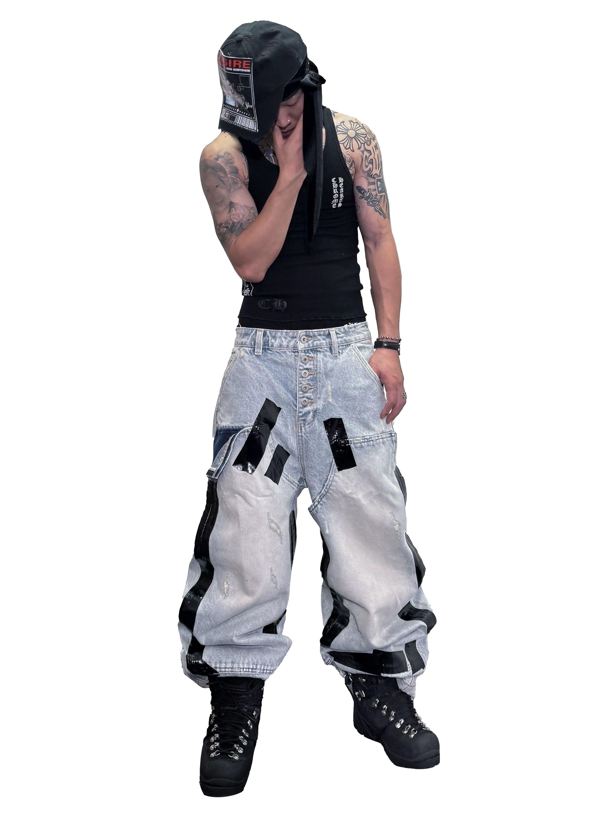 *RYE CHASIN *Duct-taped washed denim jeans