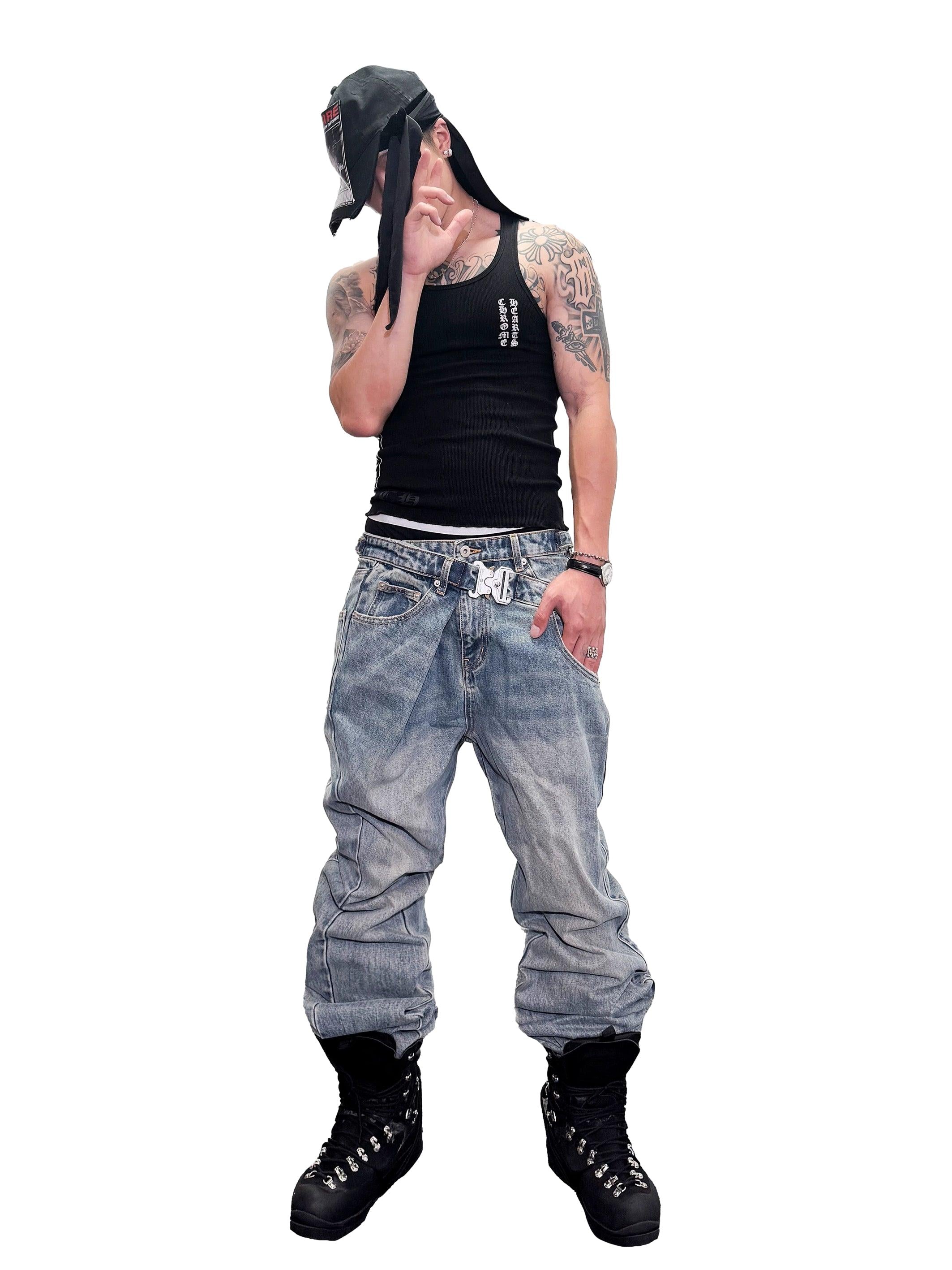 *RYECHASIN *BLUE FLARED BUCKLE JEAN