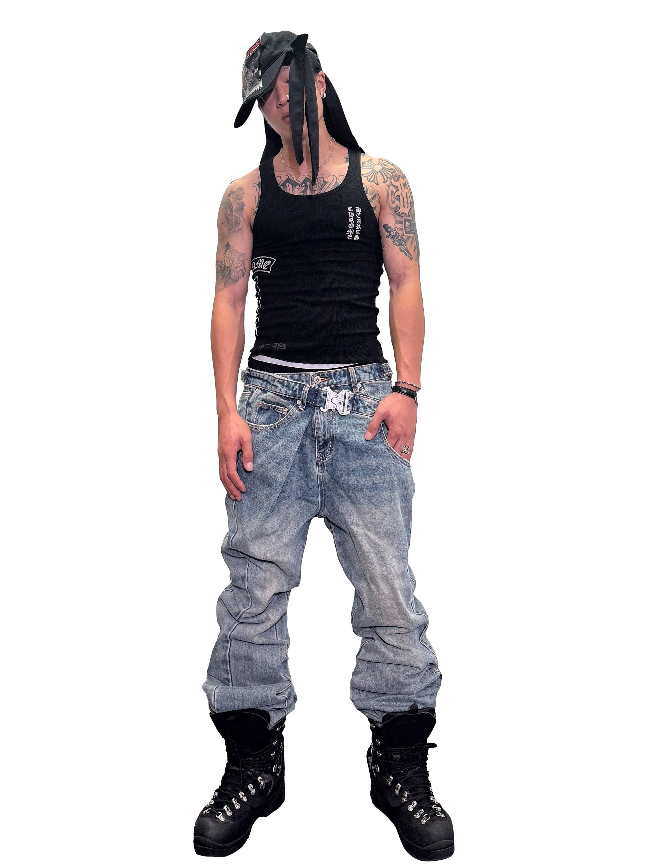 *RYECHASIN *BLUE FLARED BUCKLE JEAN