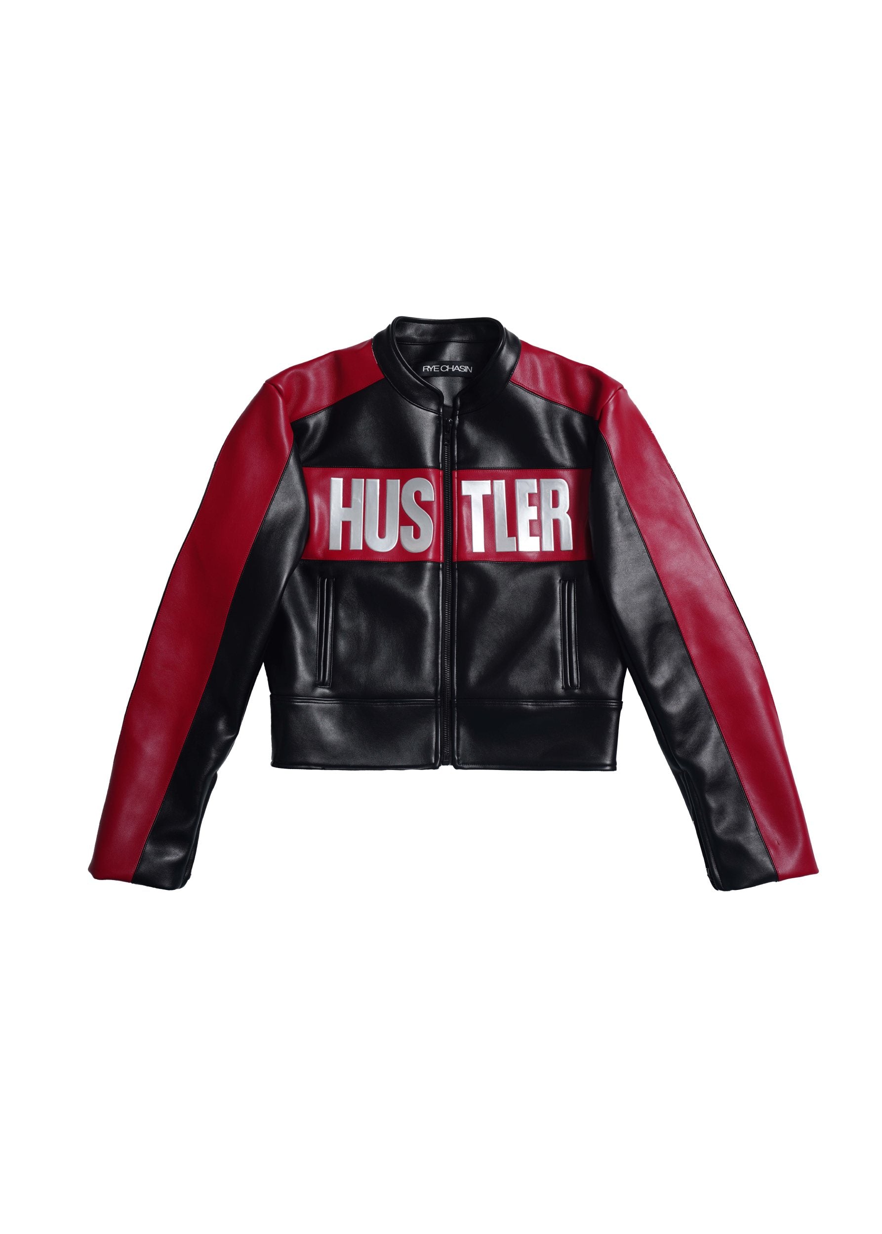*RYE CHASIN *HUSTLER BLACK/RED SILVER-FOIL CROPPED PADDED RACING JACKET