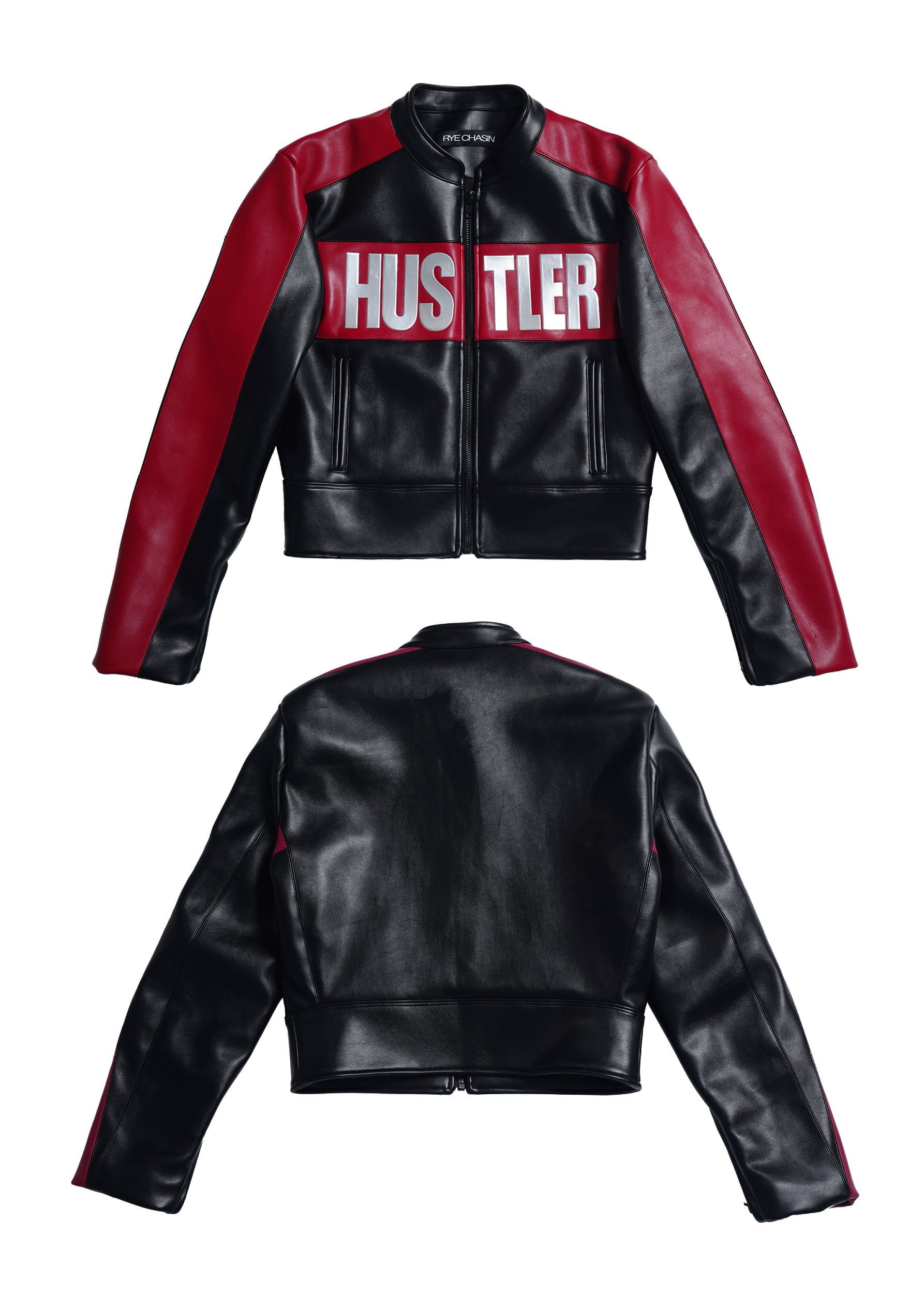 *RYE CHASIN *HUSTLER BLACK/RED SILVER-FOIL CROPPED PADDED RACING JACKET