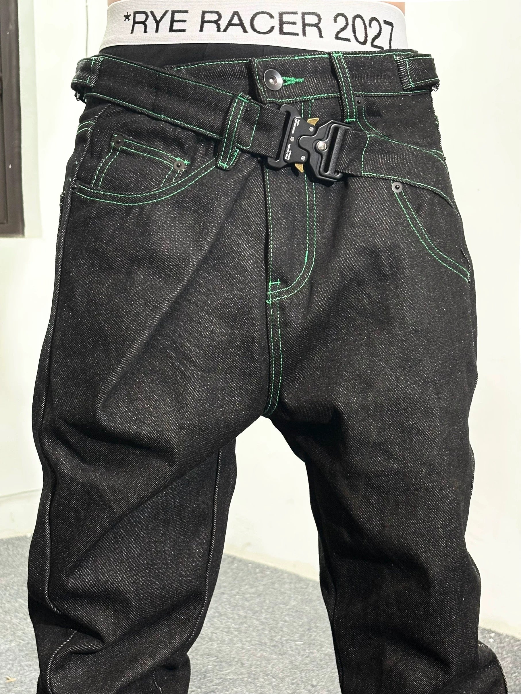 *RYECHASIN EMBROIDERED UNSLICKED RAW COLOR RAW DENIM TROUSERS