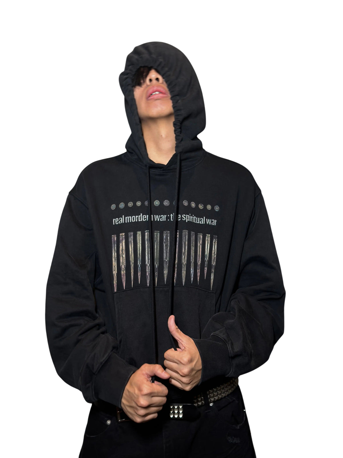 *RYE CHASIN SPIRITUAL WAR DISTRESSED WASH OVERSIZED BLACK PULLOVER HOODIE