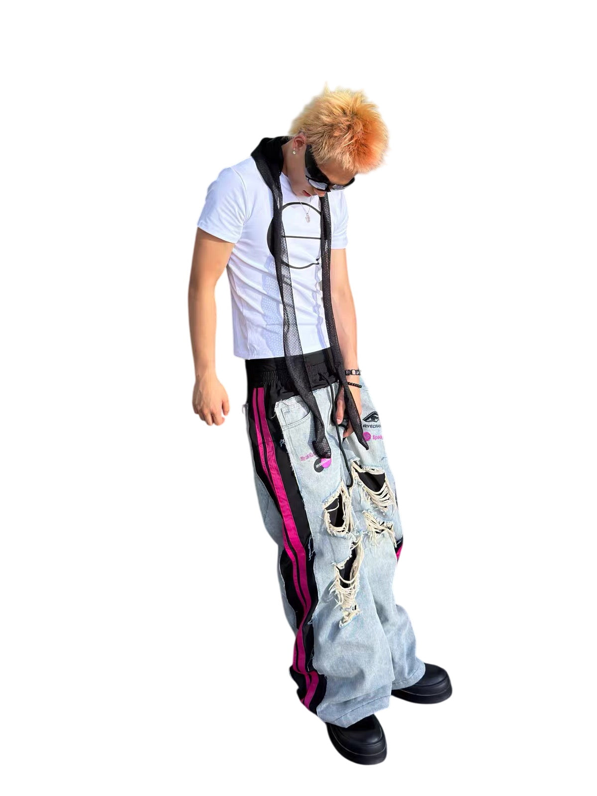 *RYE CHASIN DISTRESSED PINK STRIPE DENIM SWEATPANTS