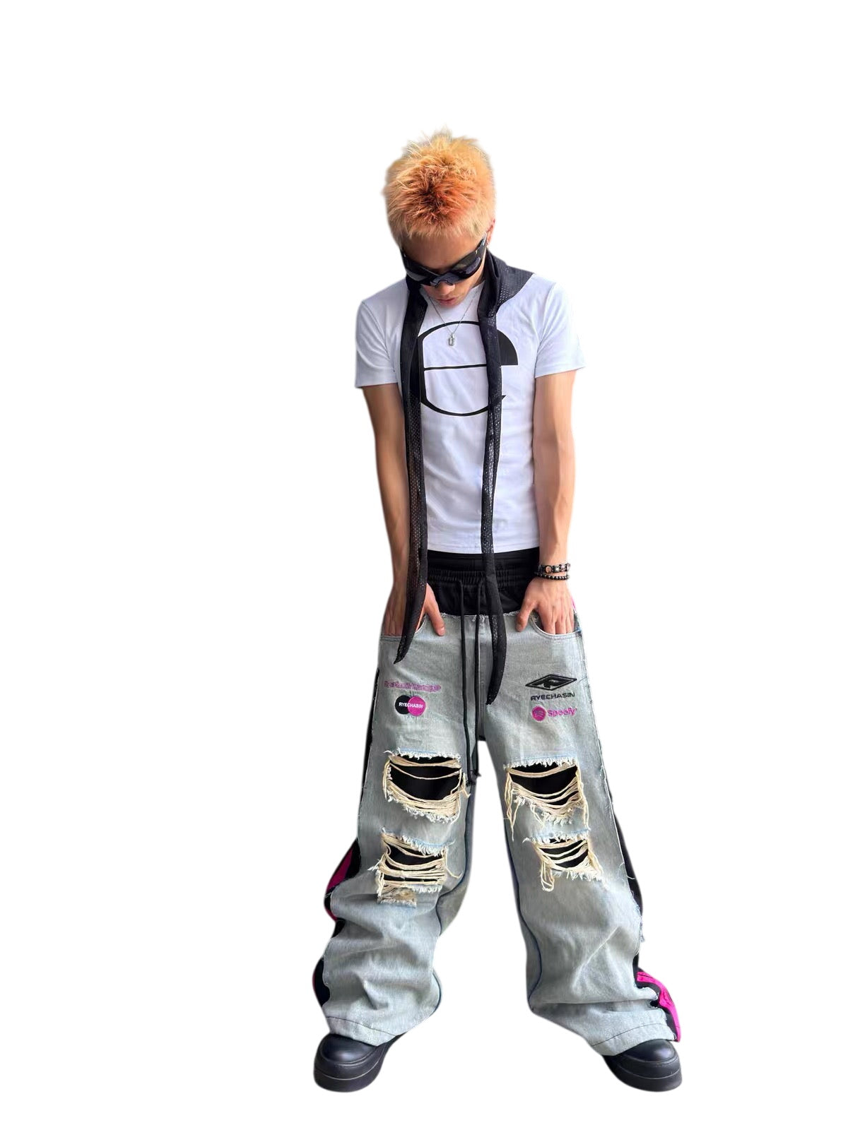 *RYE CHASIN DISTRESSED PINK STRIPE DENIM SWEATPANTS