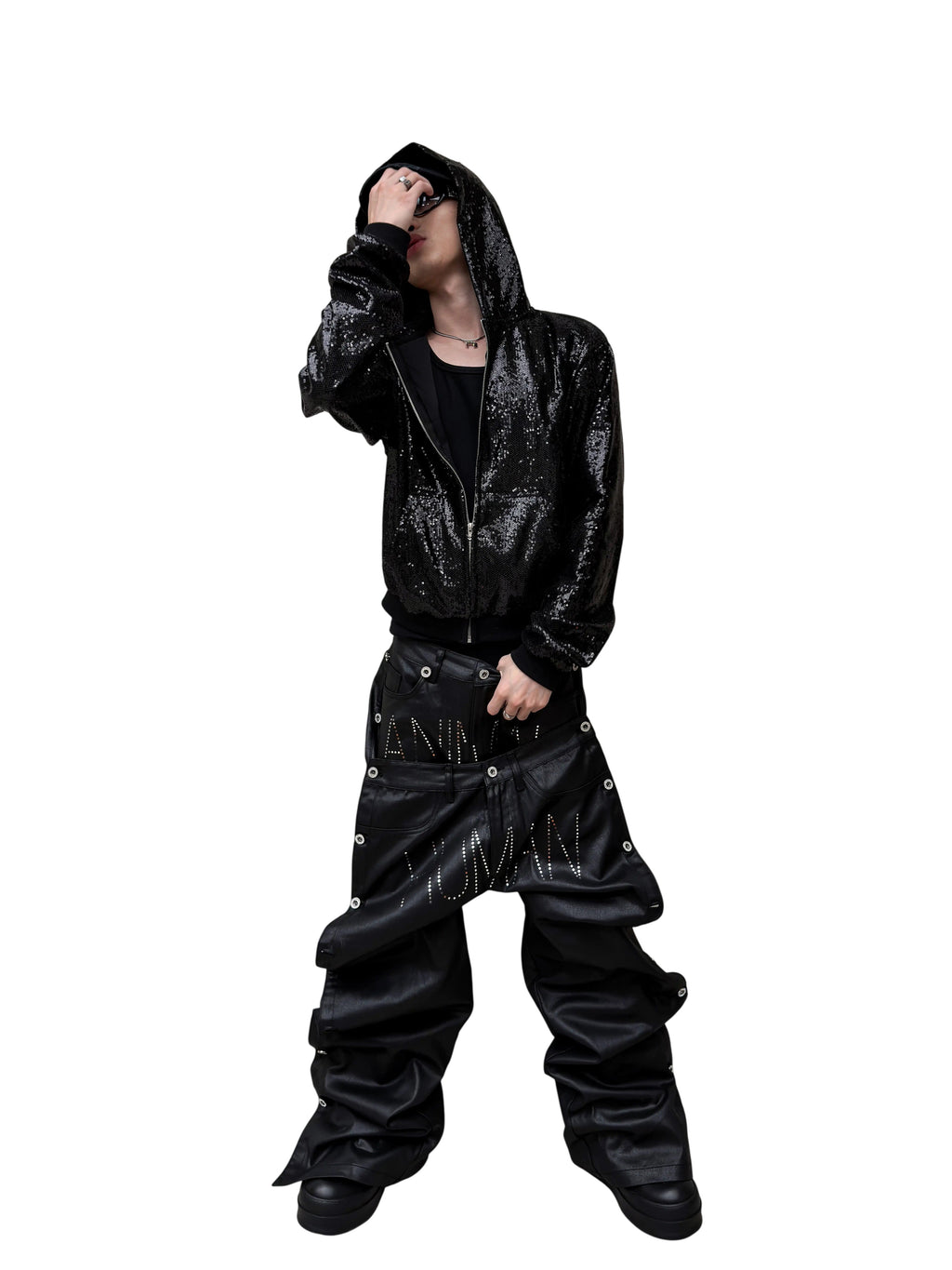 *RYE CHASIN ANIMAL/HUMAN BLACK VINYL DENIM JEANS