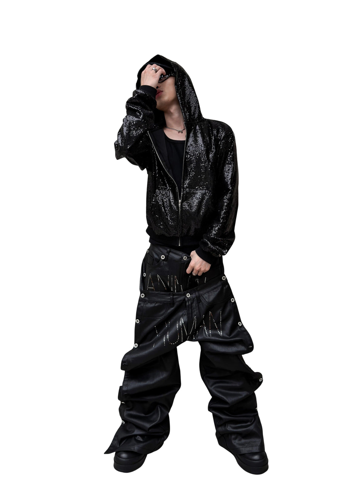 *RYE CHASIN ANIMAL/HUMAN BLACK VINYL DENIM JEANS